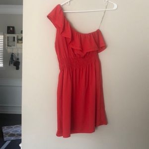 One shoulder coral ruffle dress